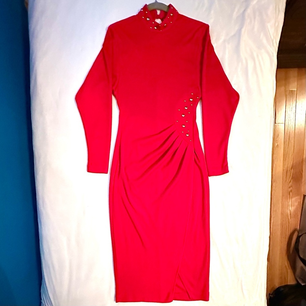Vintage 80s Dawn Joy Red Bodycon Midi Dress Mockneck Studs Beaded XS/S Fitted